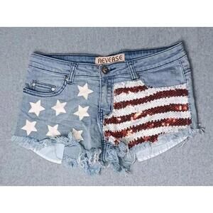 Reverse Cutt Off Jean Shorts Womens Size Small Patriot Flag Sequence American...